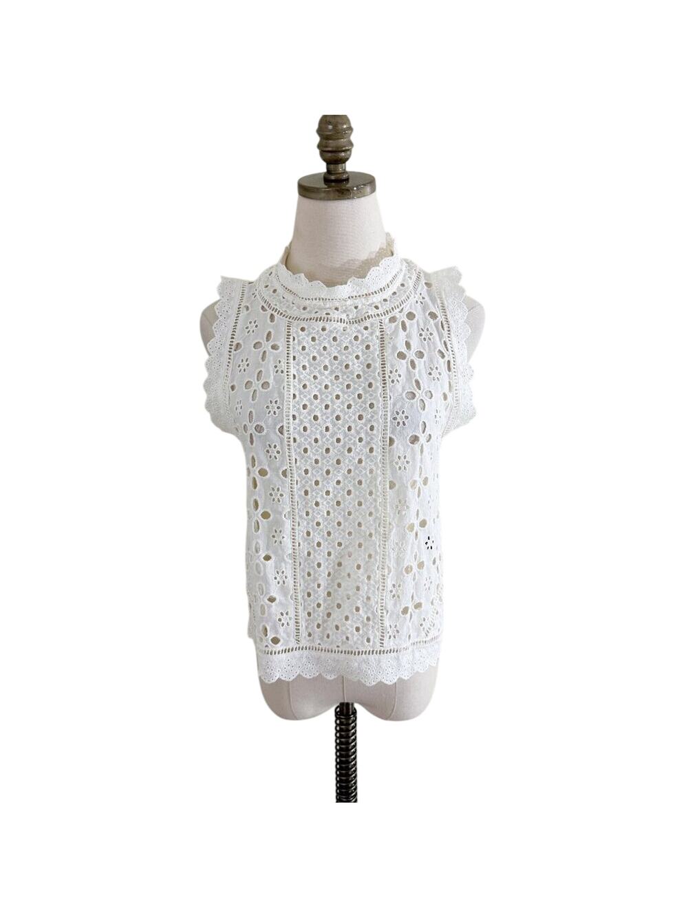 Anthro James Coviello Cream Sleeveless Eyelet Top Women's Sz M Scalloped Edges